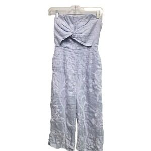 Aijek Strapless Jumpsuit Blue Embroidered Silk Linen Wide Leg Lined Size 2 (6-8)